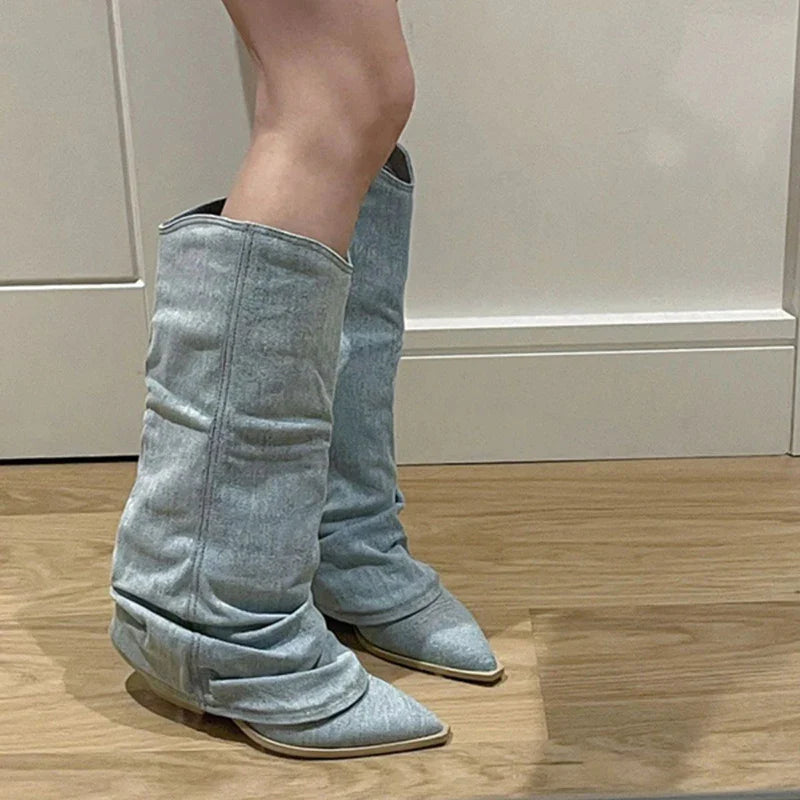 Aubrielle™ Blau Denim Oberschenkel hohe Stiefel