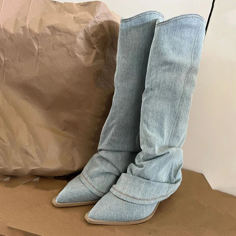 Aubrielle™ Blau Denim Oberschenkel hohe Stiefel